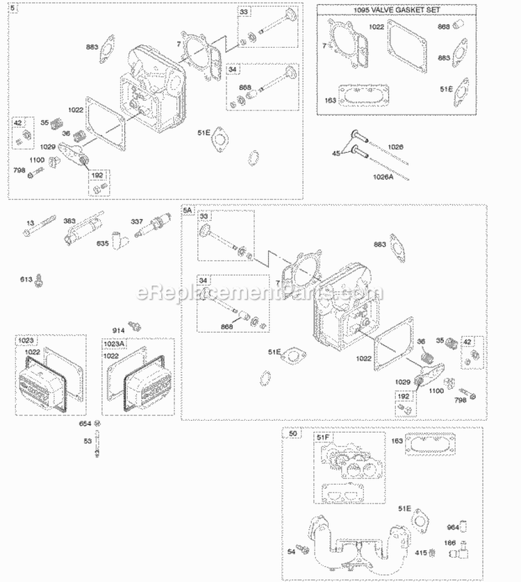 Cylinder Heads Valve Gasket Set Diagram and Parts List for 49M977-0110-E1  Briggs and Stratton Engine